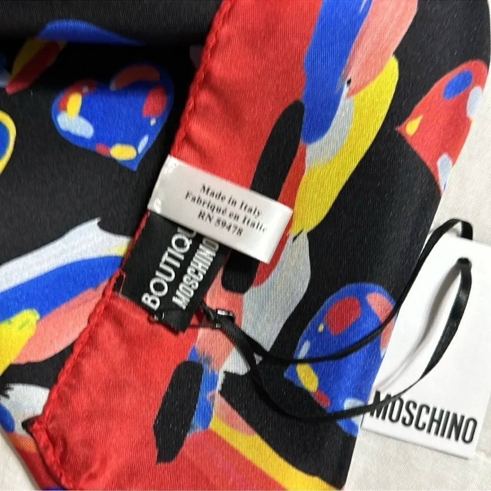 MOSCHINO Red Multicolored Hearts Silk Square Scarf
